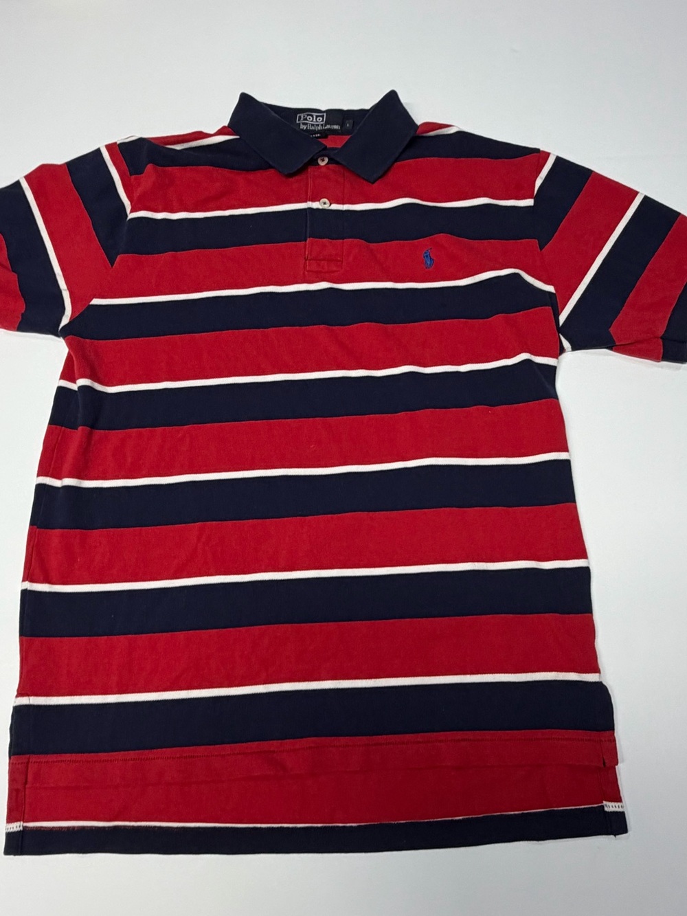 VTG 90s Polo Ralph Lauren Mens L Striped Polo Shirt Red Navy Made in El Salvador